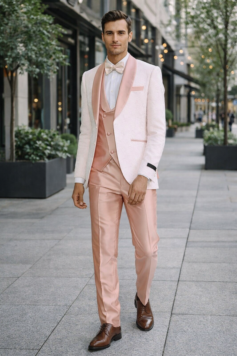 Rose Gold Pink Slim Fit Tuxedo 4 Piece with Satin Shawl Collar Beveled Designed Vest