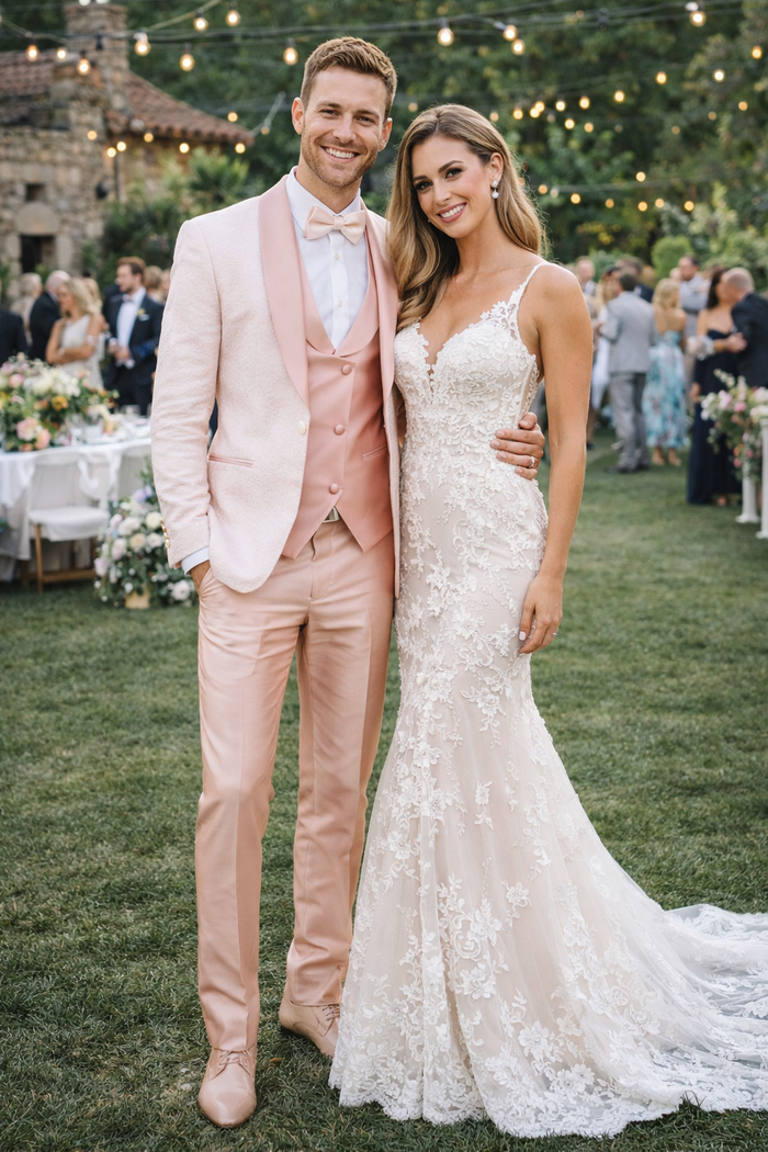 Rose Gold Pink Slim Fit Tuxedo 4 Piece with Satin Shawl Collar Beveled Designed Vest