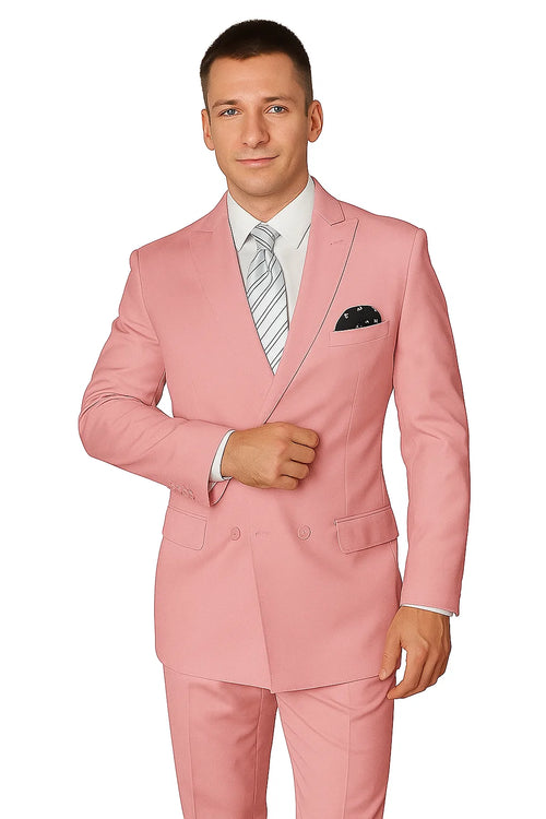 Elegant Men’s Double-Breasted Wool Suit in Soft Blush Pink
