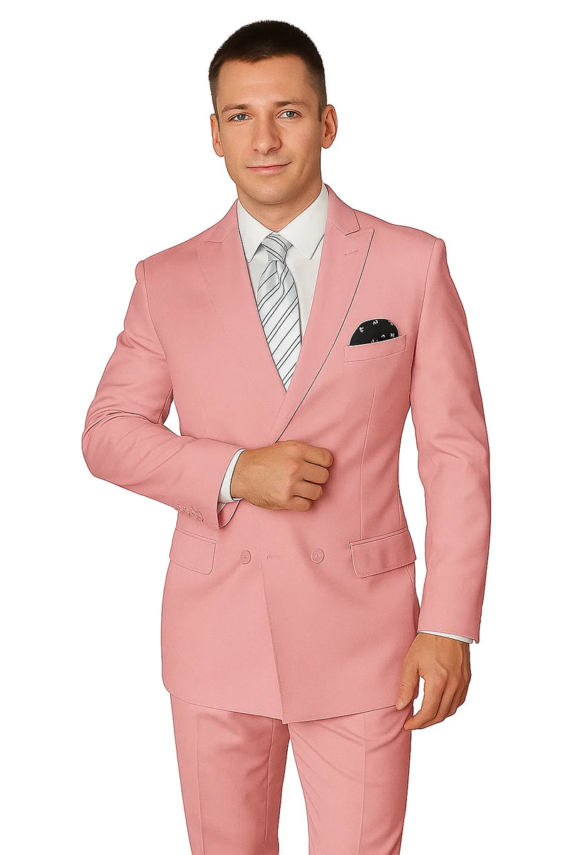 Blush pink double-breasted wool suit for men. Structured silhouette, notched lapels, and decorative piping. Includes matching pants & patterned pocket square.
