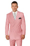 Elegant men's double-breasted wool suit in soft blush pink. Structured jacket with peaked lapels & six buttons, matching trousers. Smooth wool with slight sheen. Includes white shirt & patterned pocket square.
