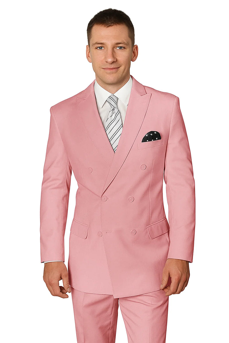 Elegant men's double-breasted wool suit in soft blush pink. Structured jacket with peaked lapels & six buttons, matching trousers. Smooth wool with slight sheen. Includes white shirt & patterned pocket square.
