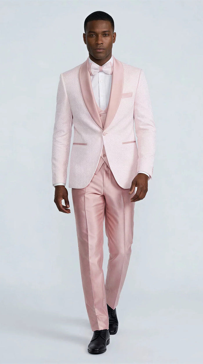 Pink Patterned Tuxedo Set with Shawl Lapel – Wedding & Prom