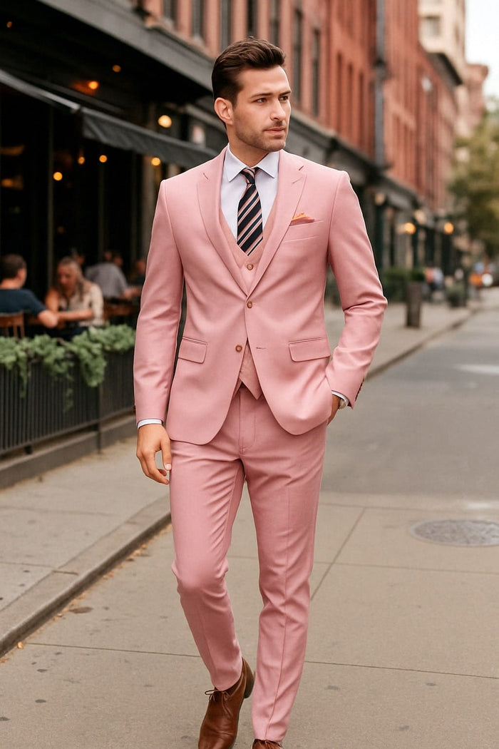 Mens Pink 3-Piece Slim Fit Suit Formal Wedding and Prom Outfit with Vest