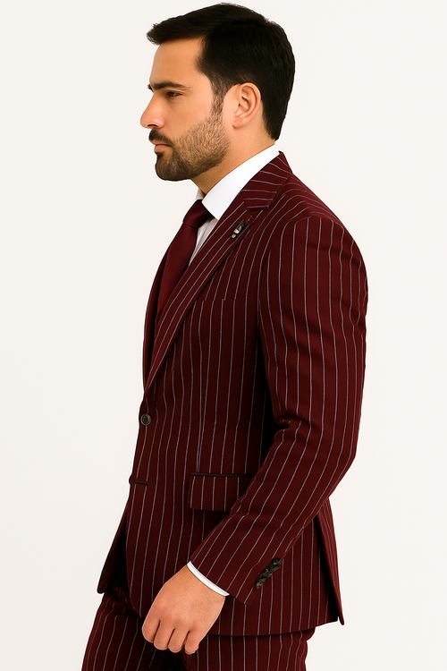 Mens 2 Button Vested 3 Piece Gangster Bold Pinstripe Suit in Burgundy