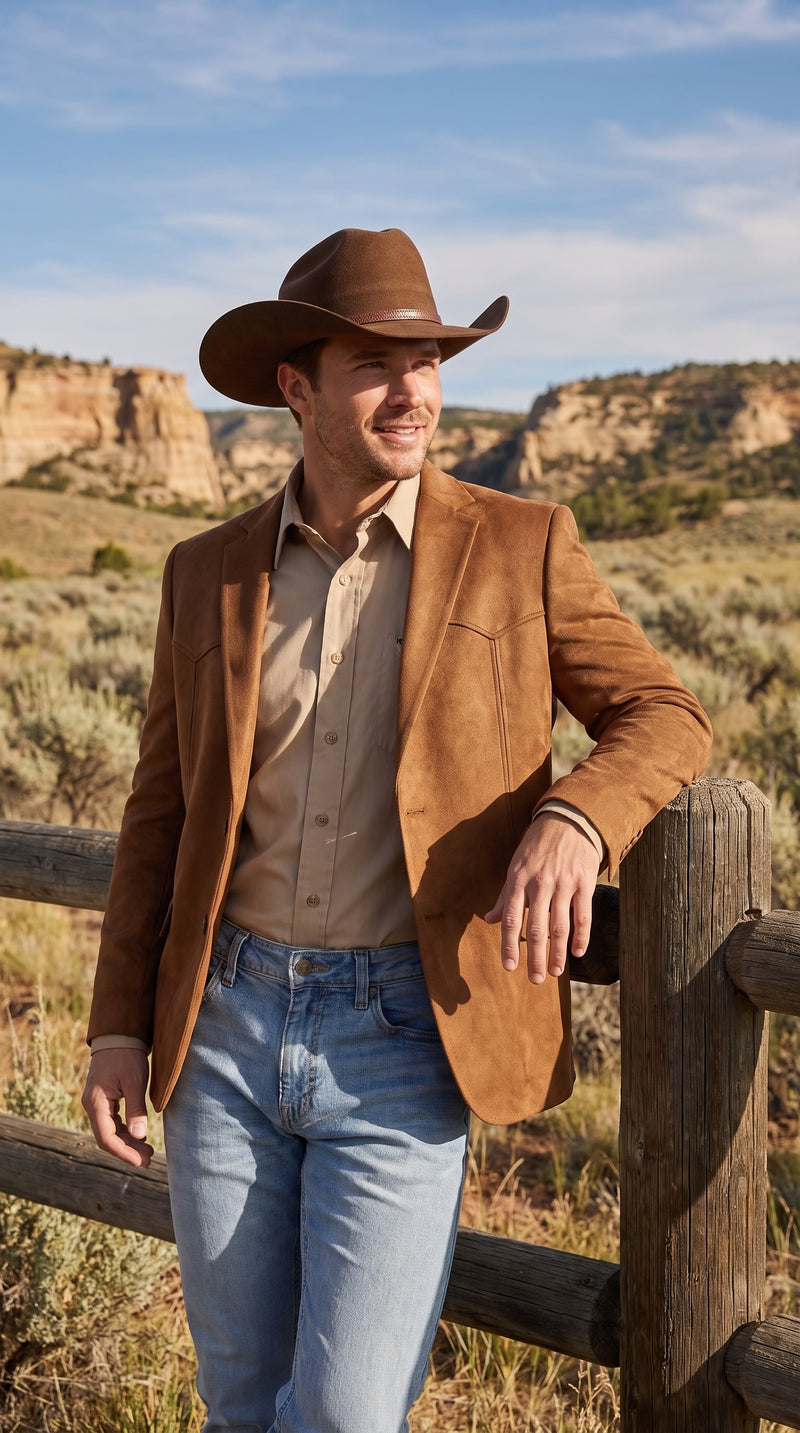 Platini Mens Faux Suede Western Blazer – Brown Cowboy Jacket with Western Detailing Coganc Rust