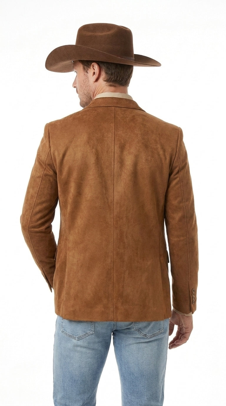Platini Mens Faux Suede Western Blazer – Brown Cowboy Jacket with Western Detailing Coganc Rust