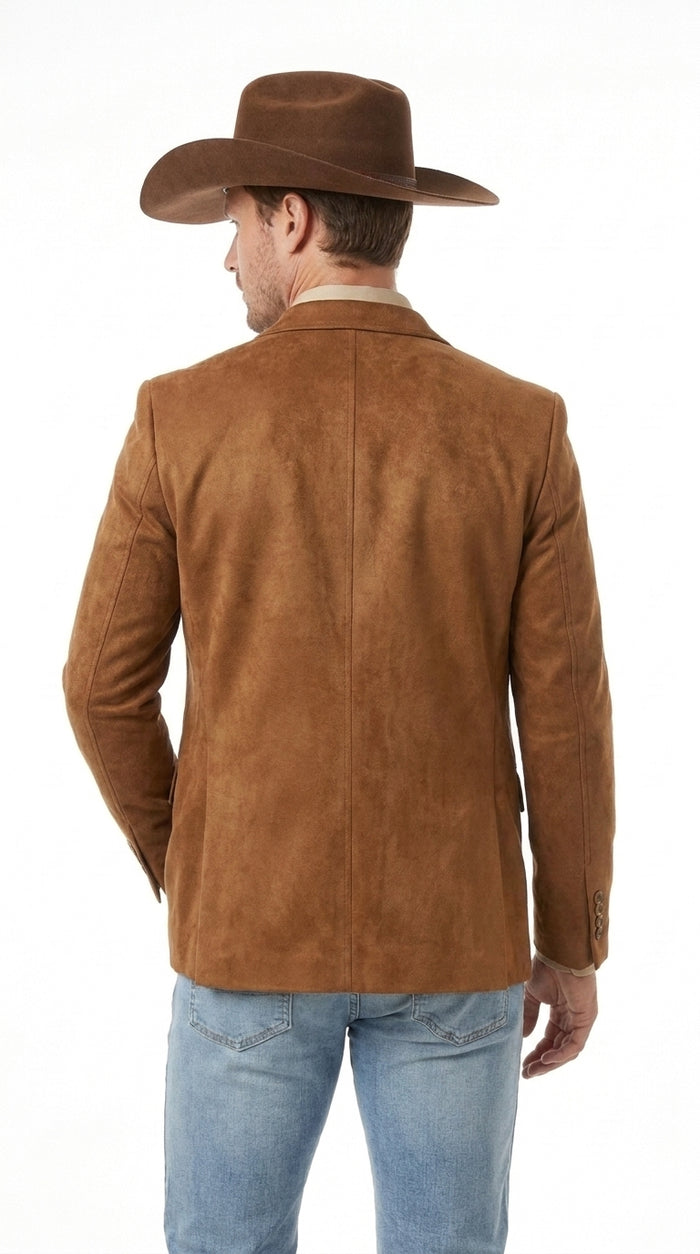 Platini Mens Faux Suede Western Blazer – Brown Cowboy Jacket with Western Detailing Coganc Rust