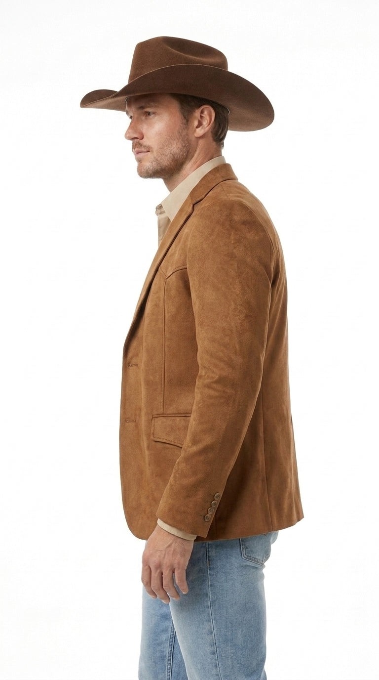 Platini Mens Faux Suede Western Blazer – Brown Cowboy Jacket with Western Detailing Coganc Rust