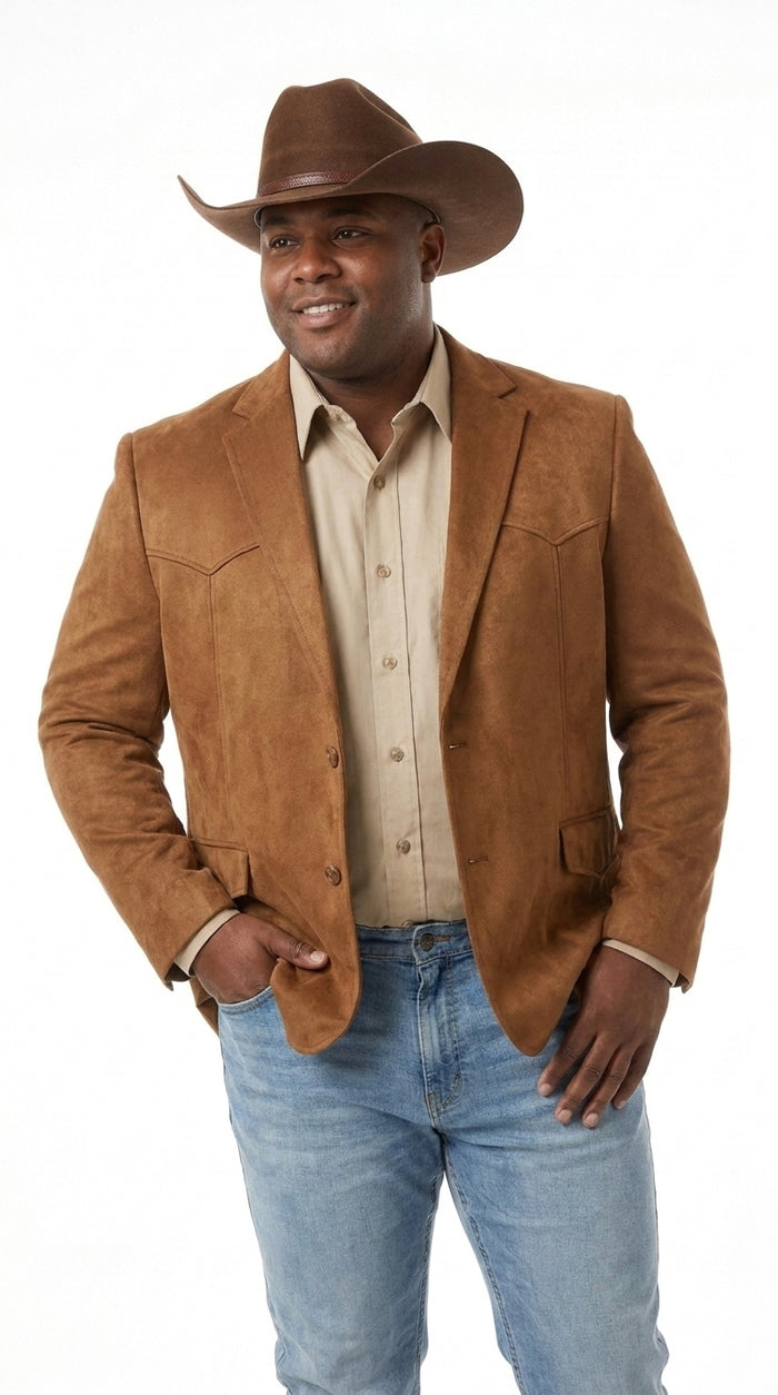 Platini Mens Faux Suede Western Blazer – Brown Cowboy Jacket with Western Detailing Coganc Rust