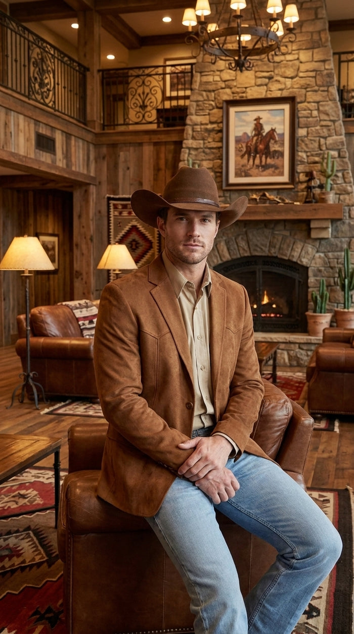 Platini Mens Faux Suede Western Blazer – Brown Cowboy Jacket with Western Detailing Coganc Rust