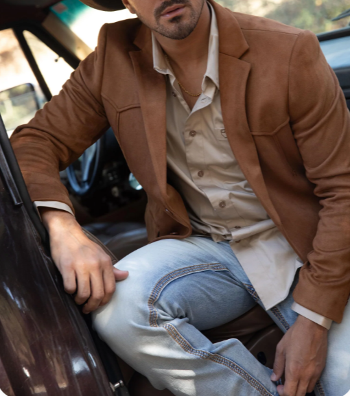 Platini Mens Faux Suede Western Blazer – Brown Cowboy Jacket with Western Detailing Coganc Rust