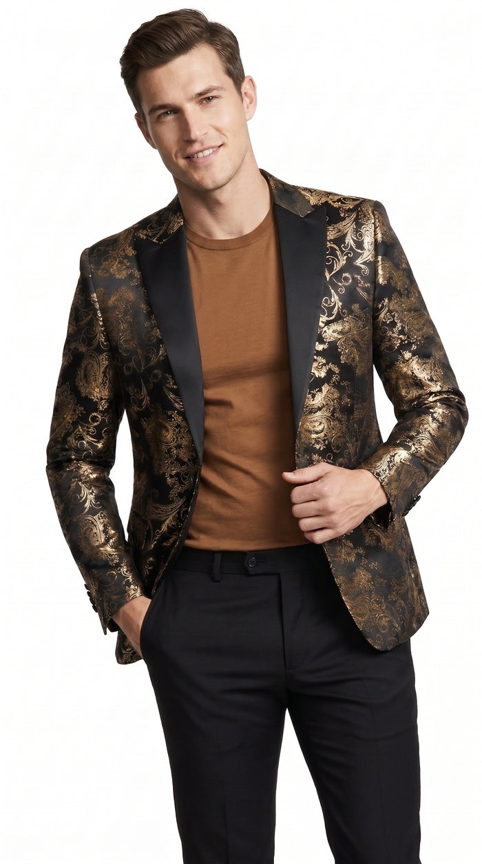 VINCI Men’s Gold and Black Paisley Tuxedo Dinner Jacket – Formal Prom, Wedding and Party Blazer
