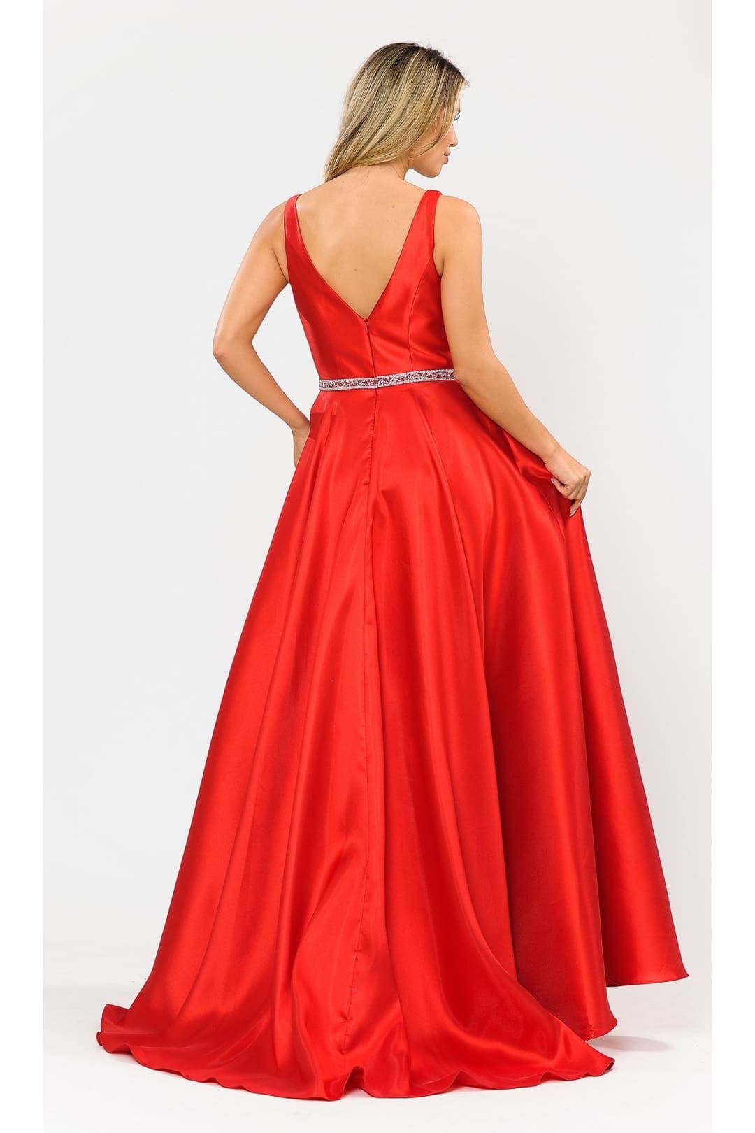 Poly USA 8682 A-Line Mikado V-Neck Red Carpet Formal Long Dress