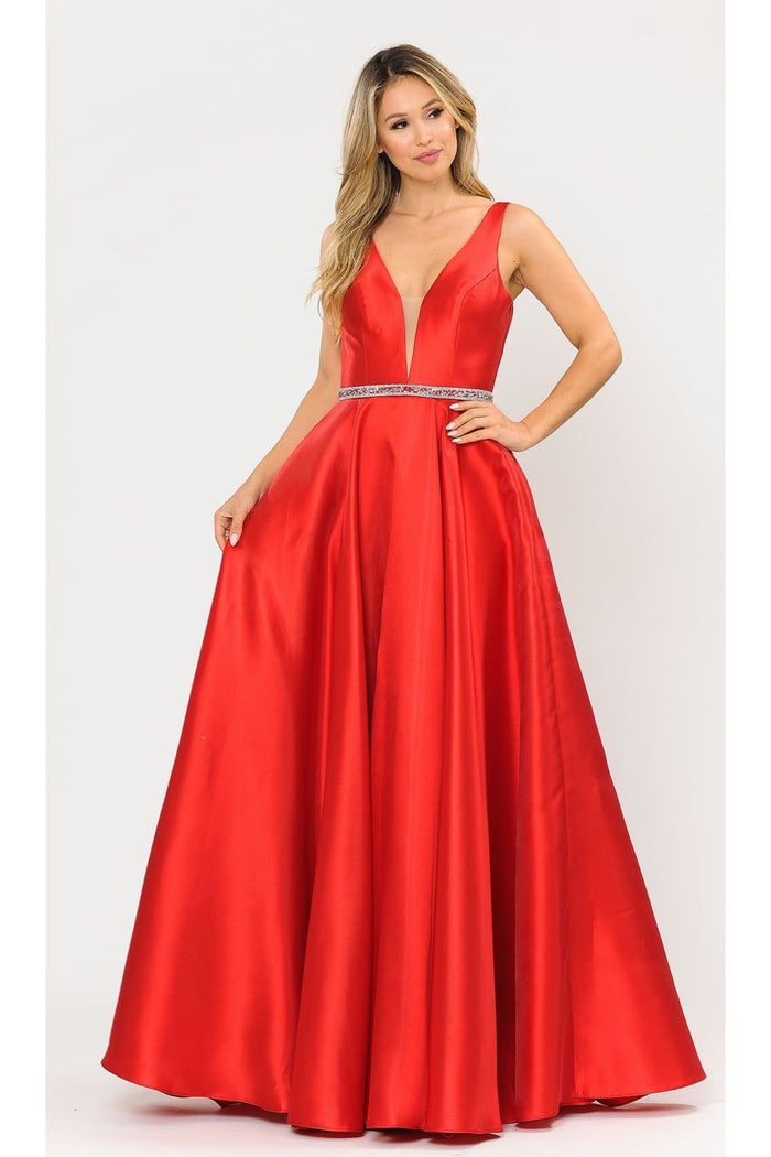 Poly USA 8682 A-Line Mikado V-Neck Red Carpet Formal Long Dress