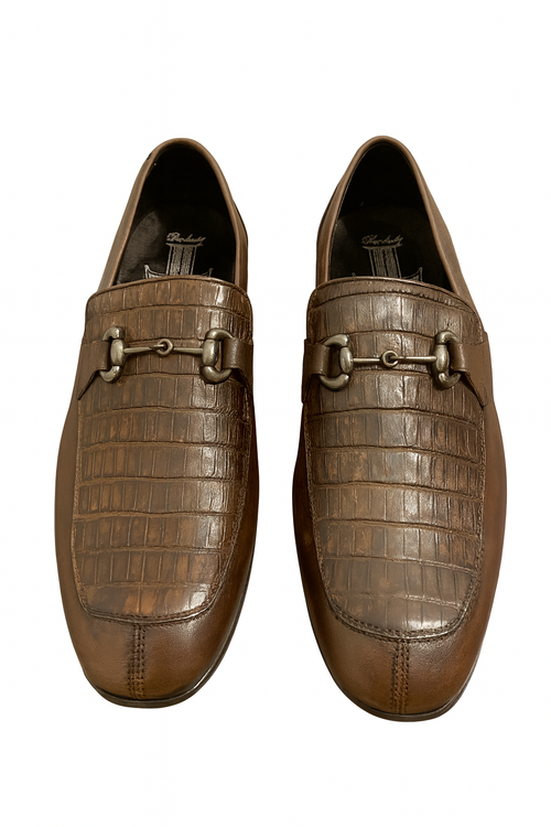 Alligator Warehouse men's slip-on shoes. Deep brown crocodile-patterned leather with metallic accents. Sleek design, closed toe, low heel, and easy wear.
