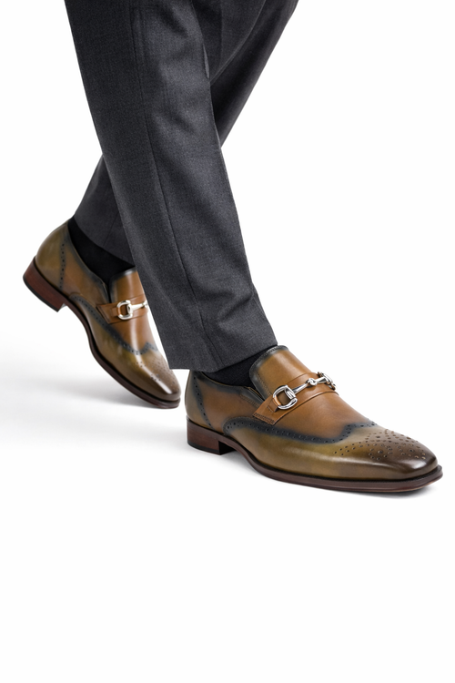 Mens Wholecut Two Tone Leather Wingtip Loafer Dress Shoes in Blue & Tan