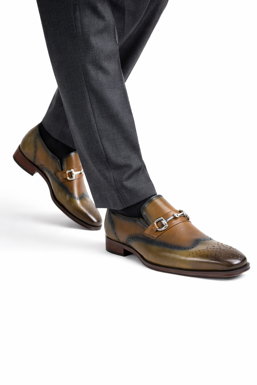 Mens Wholecut Two Tone Leather Wingtip Loafer Dress Shoes in Blue & Tan