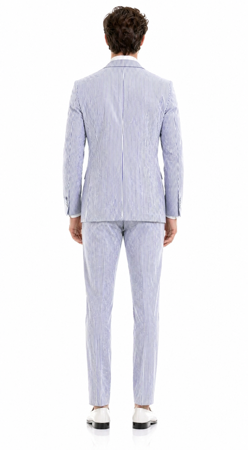 Premium Comfort Cotton Slim Fit Blue Seersucker 2 Piece Suit