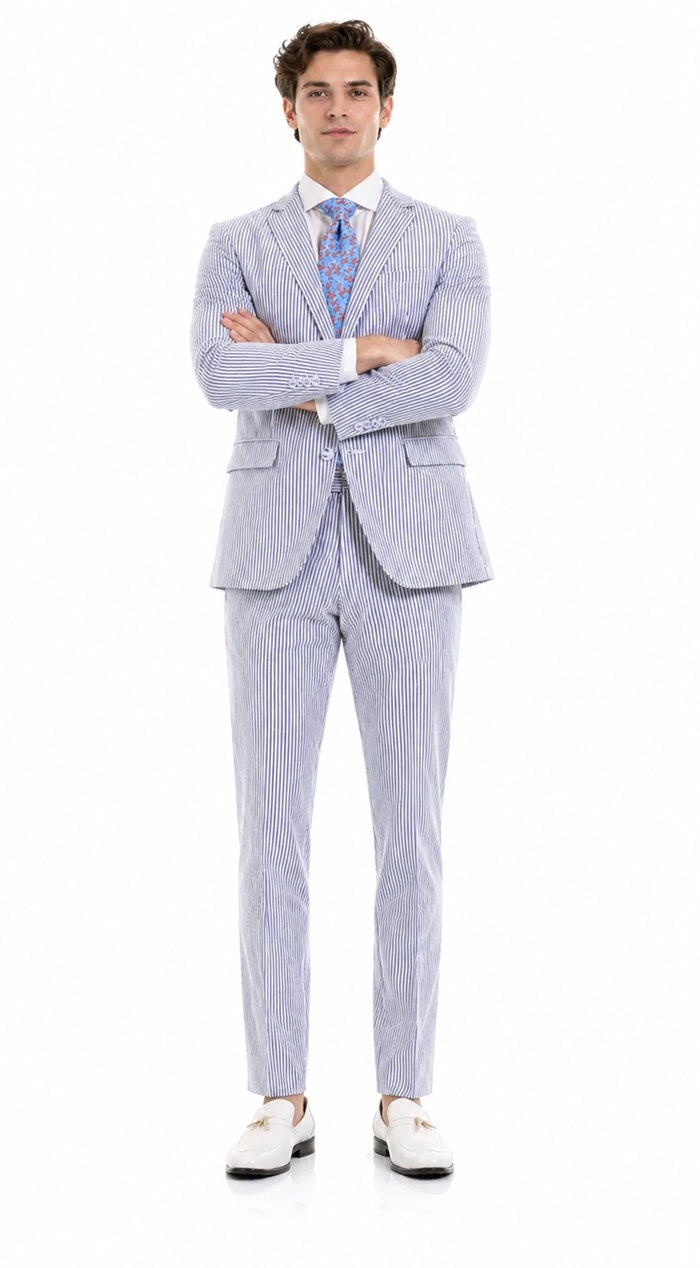Premium Comfort Cotton Slim Fit Blue Seersucker 2 Piece Suit