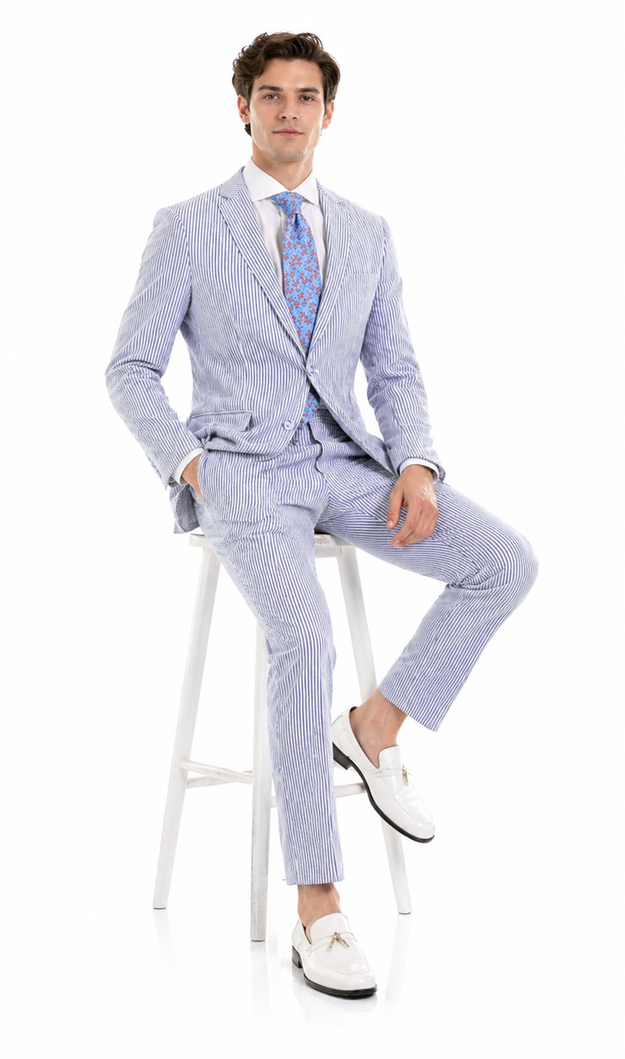 Premium Comfort Cotton Slim Fit Blue Seersucker 2 Piece Suit