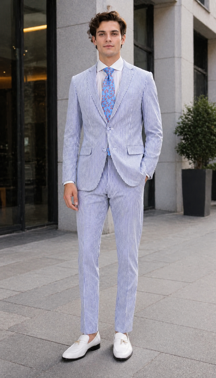 Premium Comfort Cotton Slim Fit Blue Seersucker 2 Piece Suit