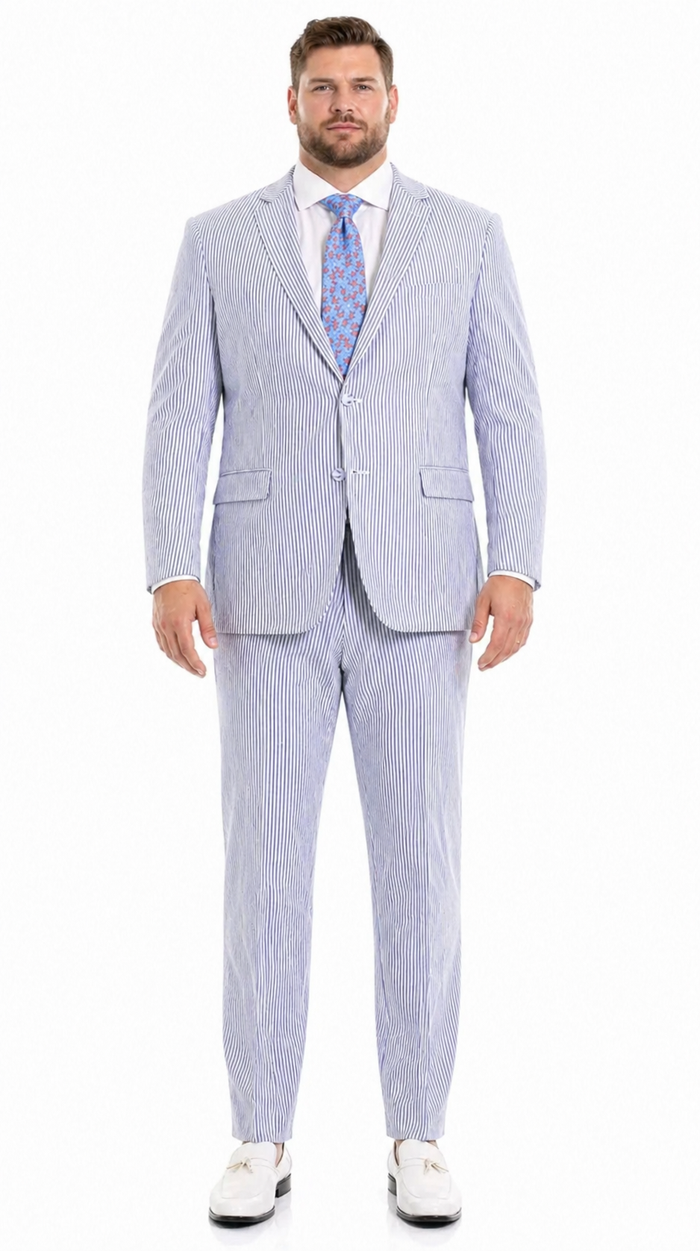Premium Comfort Cotton Slim Fit Blue Seersucker 2 Piece Suit