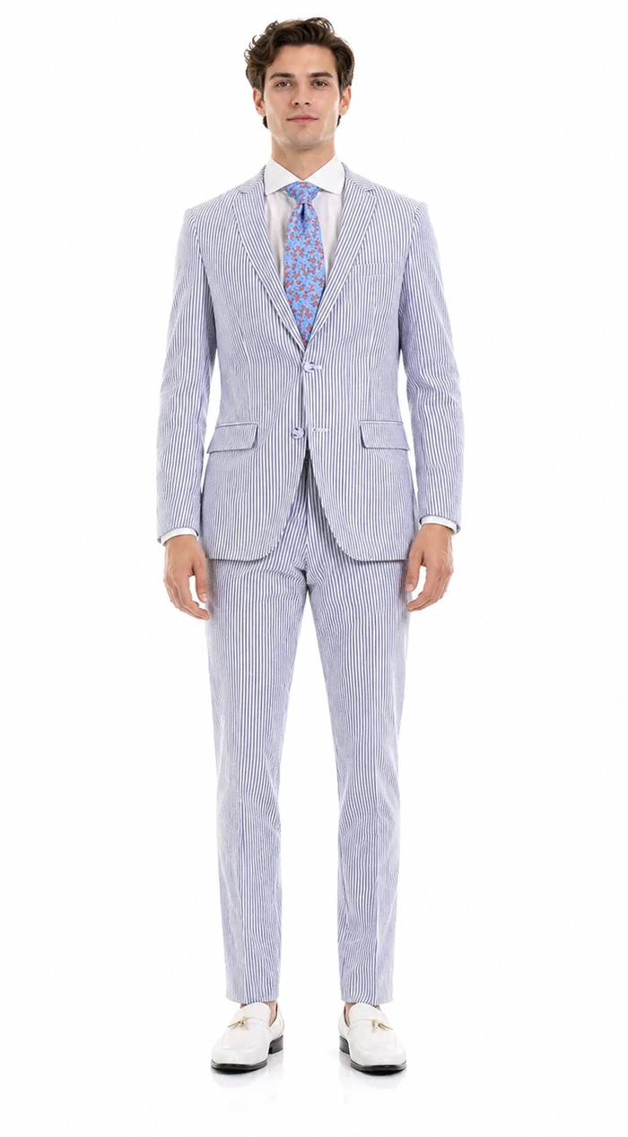 Premium Comfort Cotton Slim Fit Blue Seersucker 2 Piece Suit