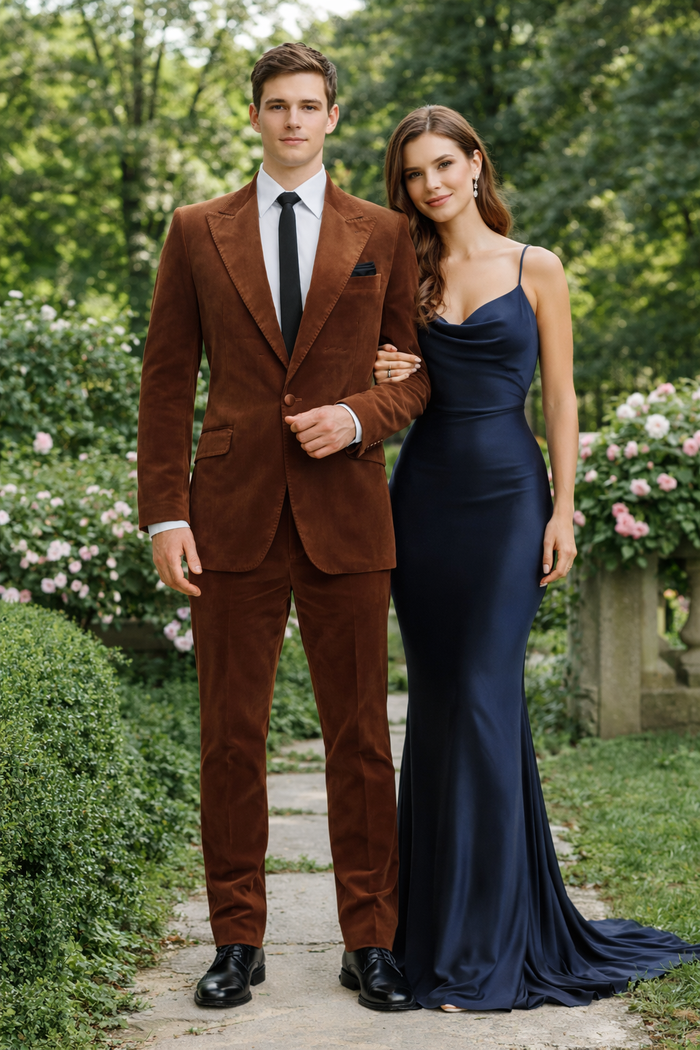 Men's rust copper velvet 2-piece suit. Slim fit, formal blazer and pants. Single-breasted, notch lapels. Ideal for special occasions.