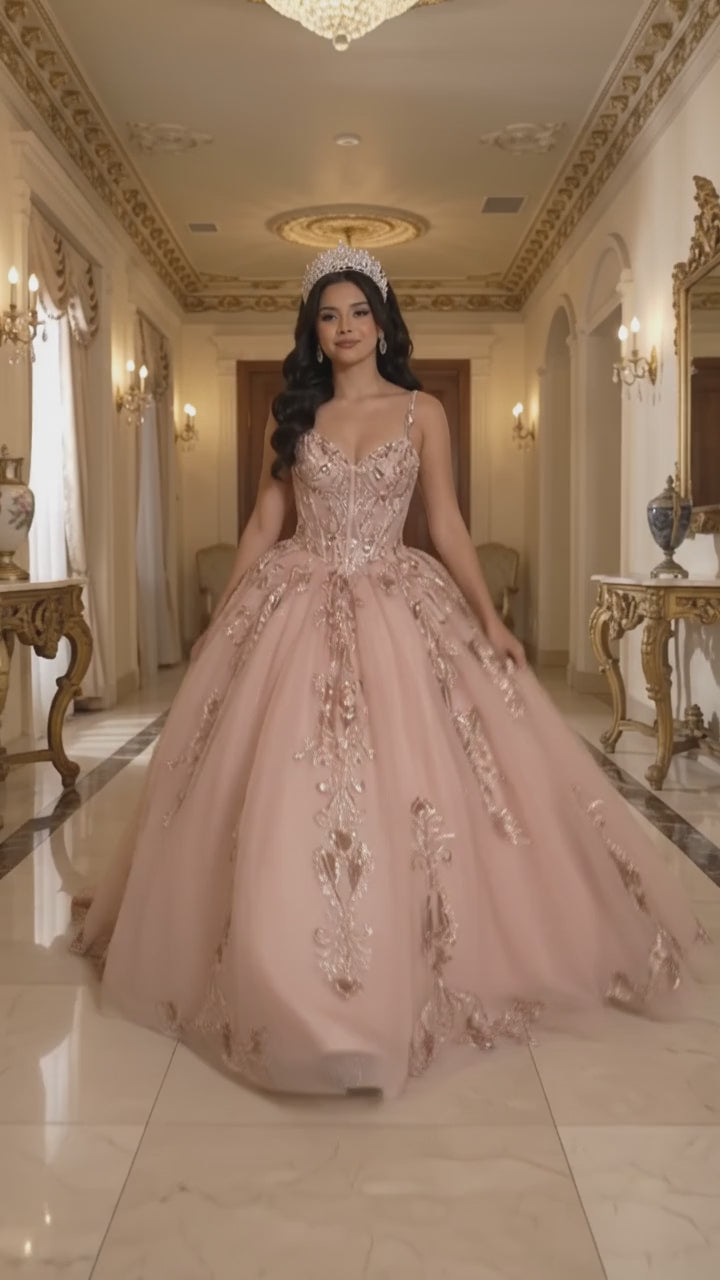 Quinceañera Ball Gown with Beaded Corset Bodice Glitter Tulle Skirt & Crystal Tiara By LK294