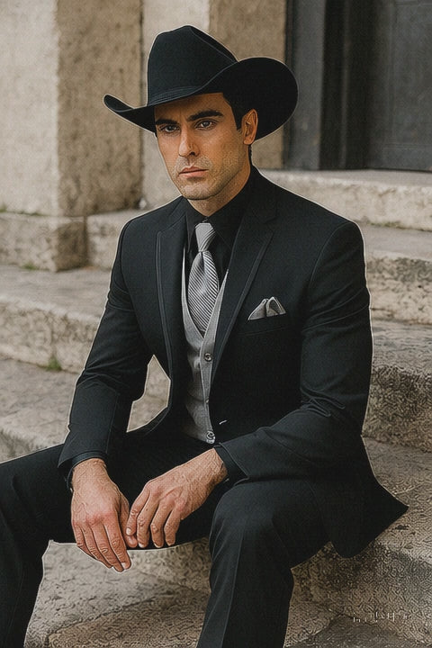 Mens Black Western Tuxedo with Silver Vest & Cowboy Hat Slim Fit