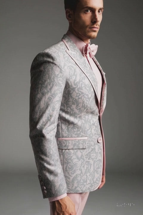 Mens Pink and Grey Floral Tuxedo with Satin Trim – Prom and Wedding Suit with Bow Tie and Flower Pin