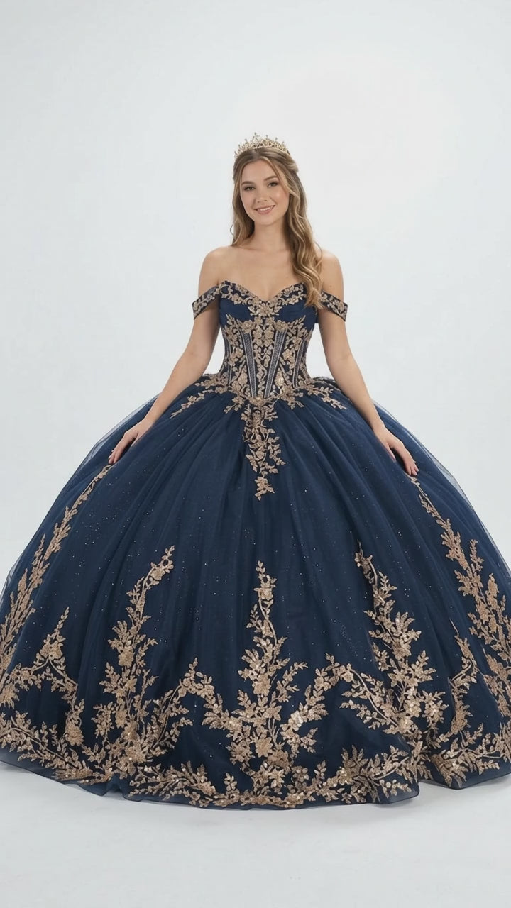 Navy/Gold Off-Shoulder V-Neck Satin Corset Lace Appliqué Ball Gown with Bow by Elizabeth K GL3674