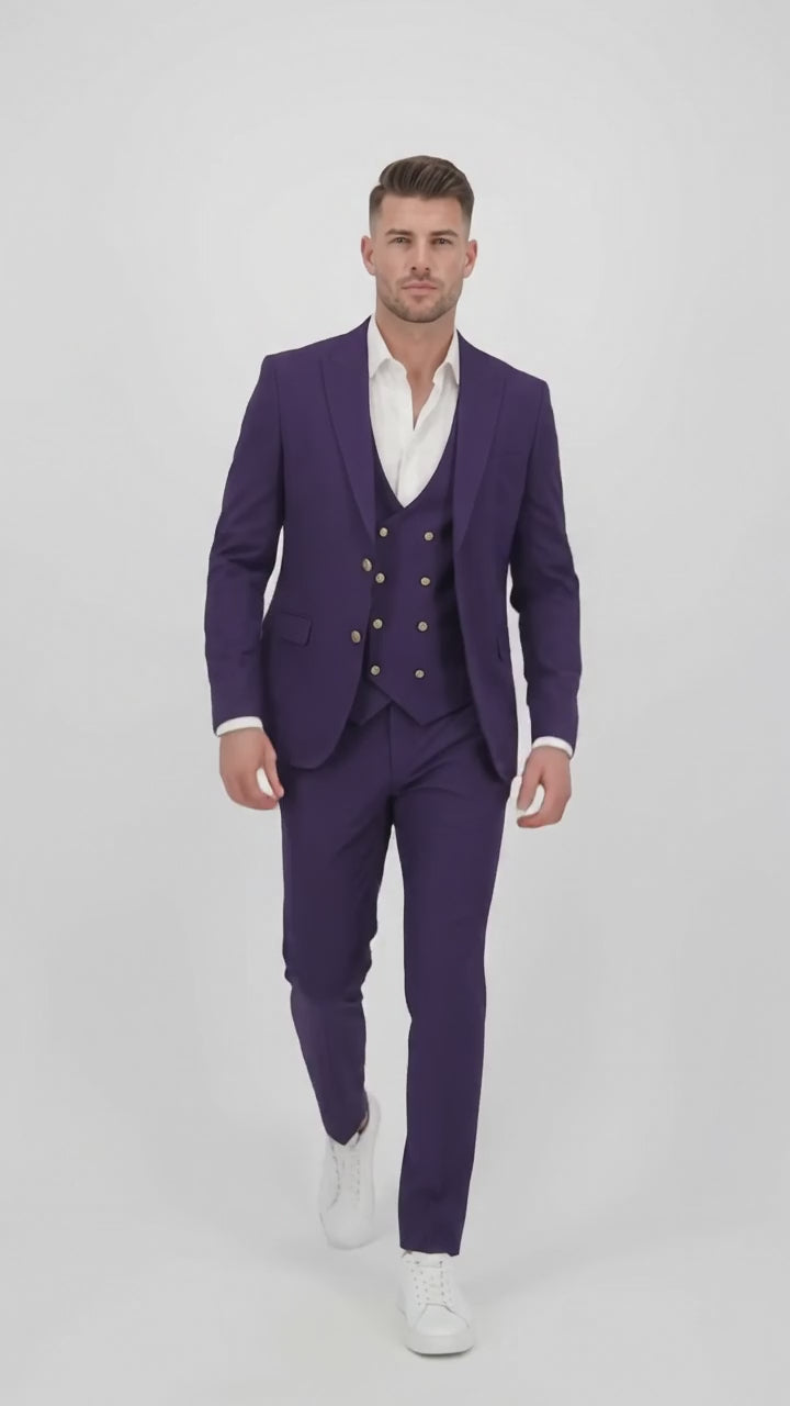 Men’s Purple and Gold 3 Piece Suit, Modern Fit Peak Lapel Wedding Prom Dress Suit