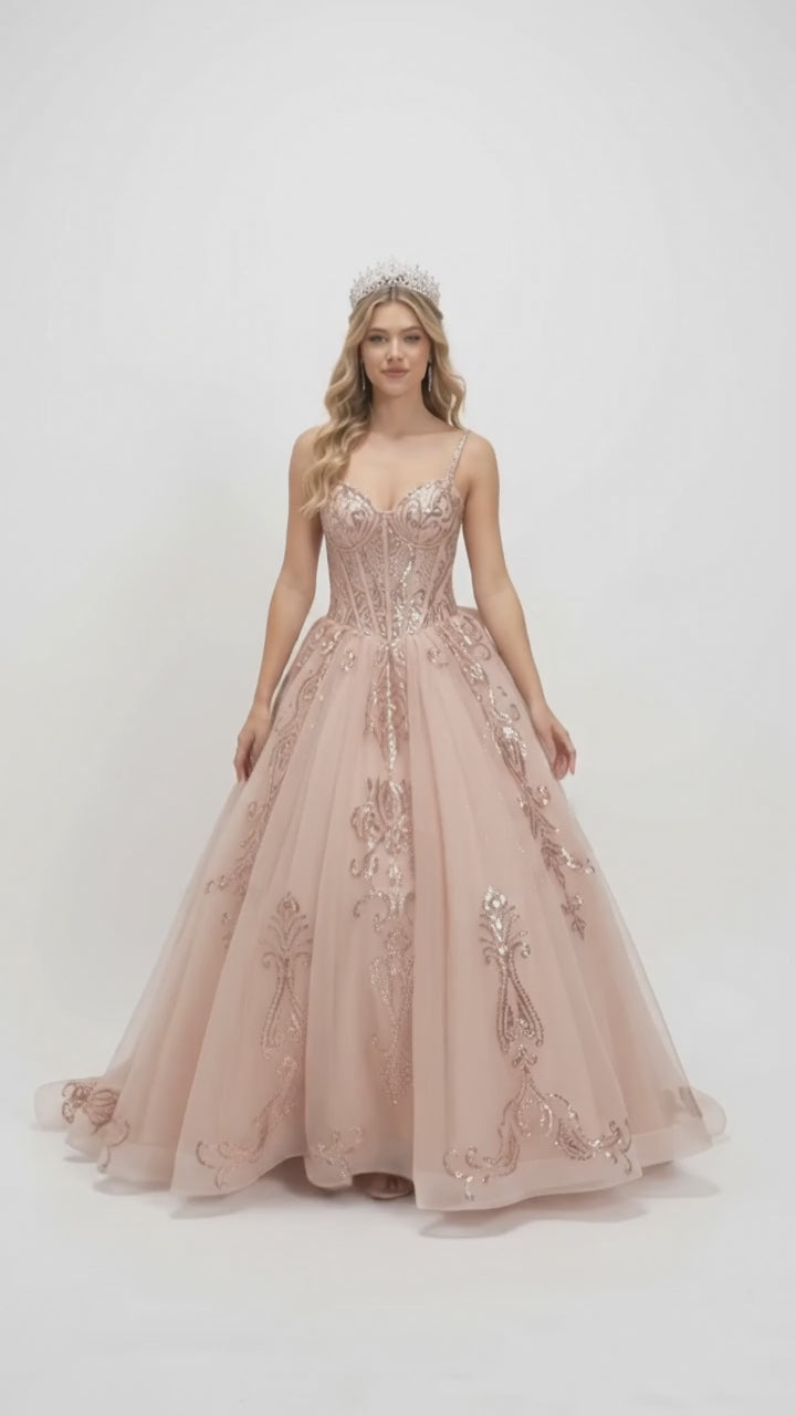 Quinceañera Ball Gown with Beaded Corset Bodice Glitter Tulle Skirt & Crystal Tiara By LK294