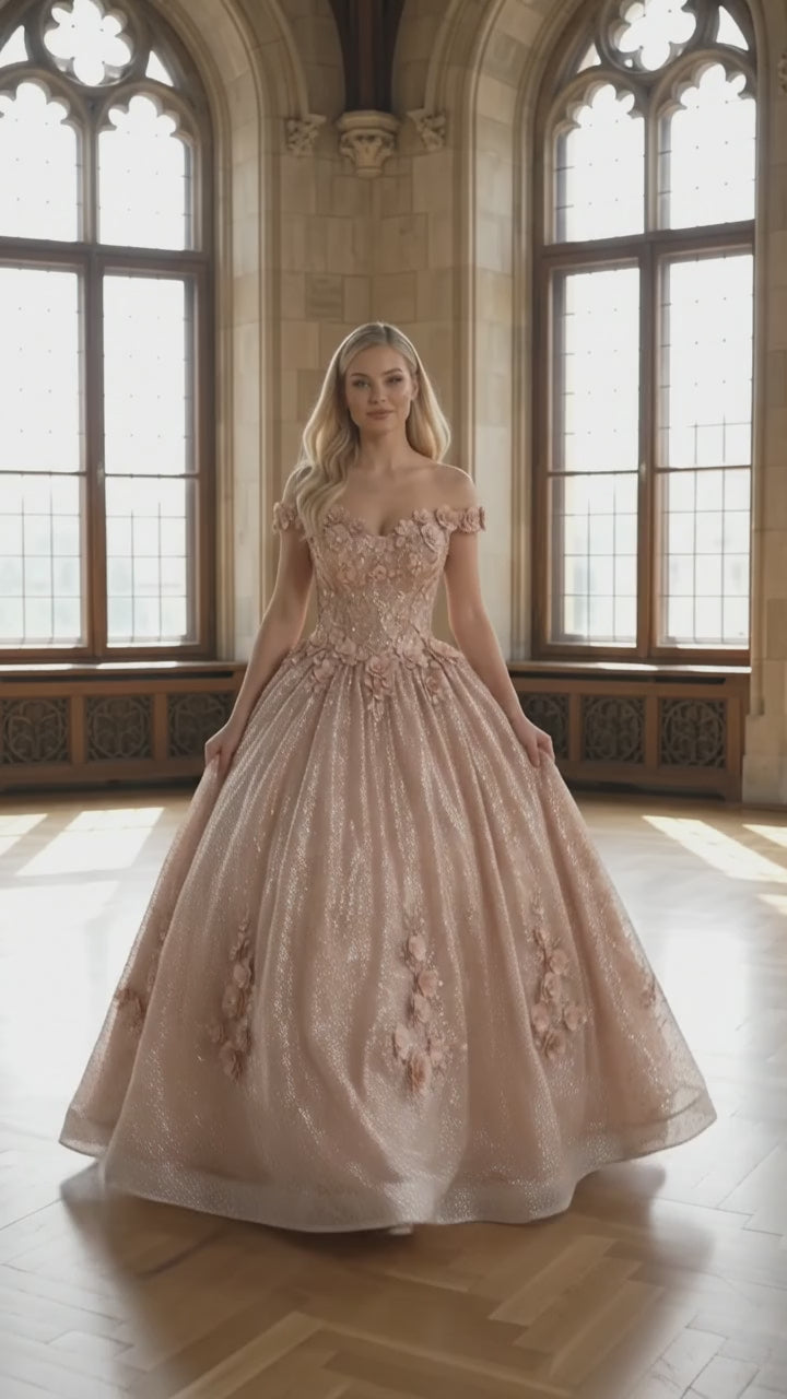 Champagne Off-Shoulder Quinceañera Ball Gown with 3D Floral Appliqués & Detachable Train – Sweet 15 Princess Dress