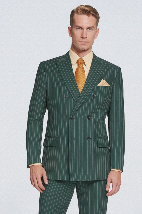 Mens Hunter Green Pinstripe Double-Breasted Suit – Bold 6-Button Vintage Gangster Style 1920s Look