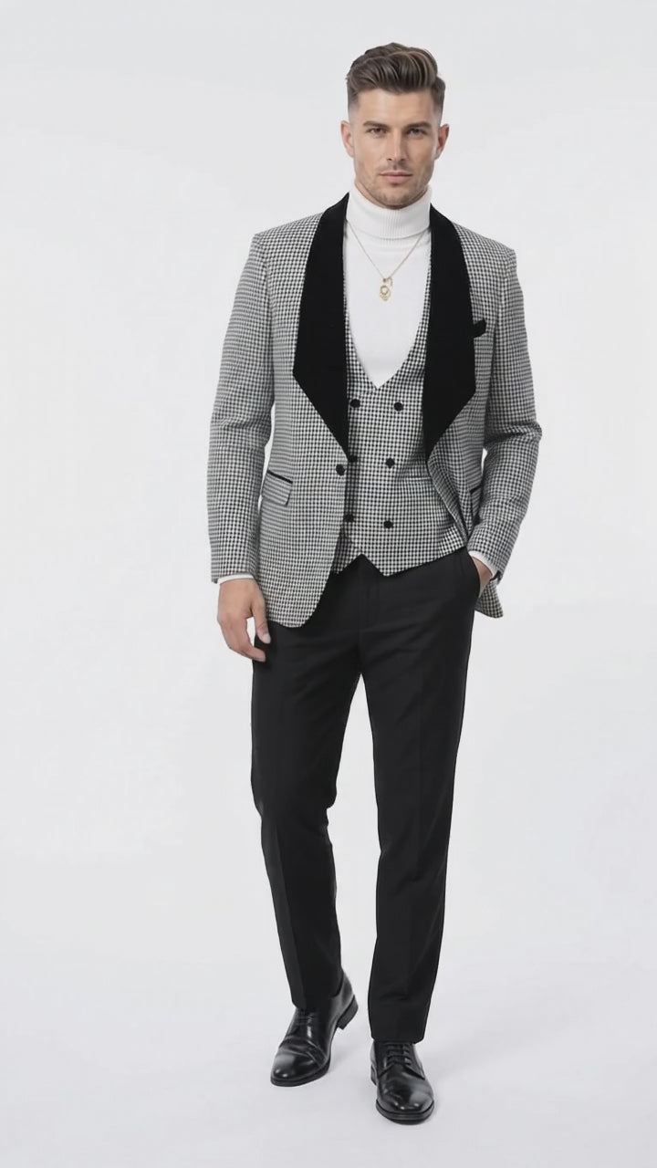 Men's Black & White Houndstooth 3-Piece Tuxedo Suit – One Button Shawl Lapel Vested Formal Wedding Suit