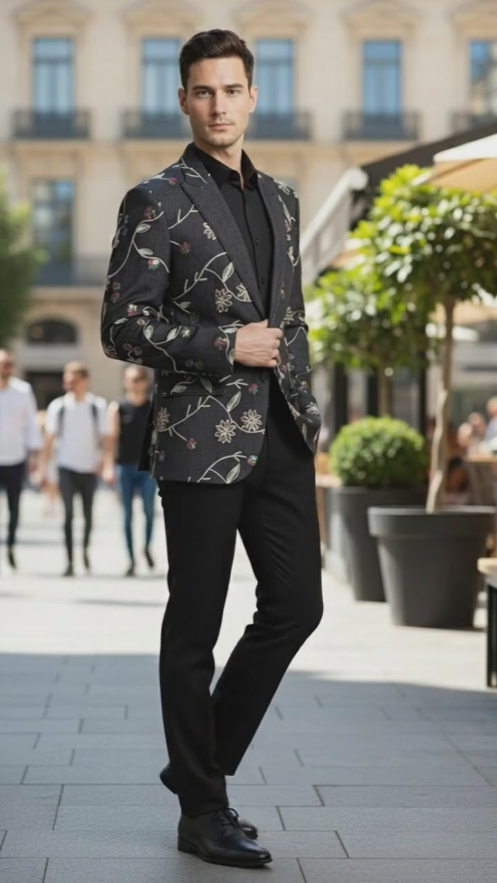Luxury Black Floral Embroidered Blazer for Men – Designer Party and Wedding Wear Jacket