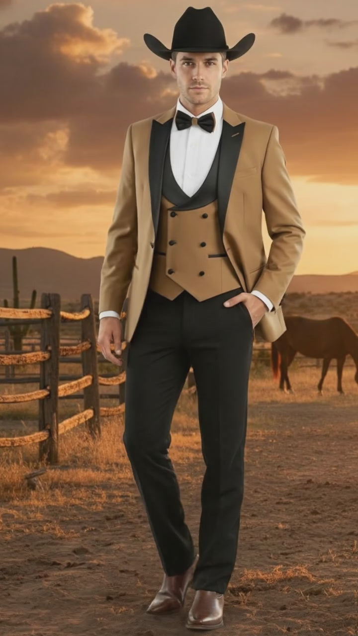 Mens Western Cowboy Tuxedo – Tan and Black 3-Piece Suit with Satin Lapel and Vest in Mocca Coffee Color