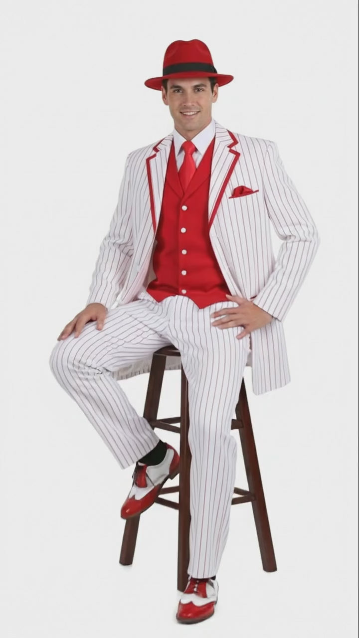 Men’s 1920s White and Red Pinstripe Zoot Suit with Fedora Hat and Wingtip Shoes – Vintage Gangster 3-Piece New Year Holiday Christmas Suit