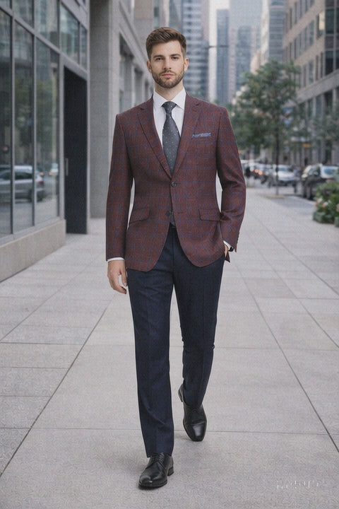 Sacos Para Hombre - Sacos Vaqueros Mens Slim Fit Two Button Wool Sport Coat Blazer in Burgundy & Blue Windowpane Plaid