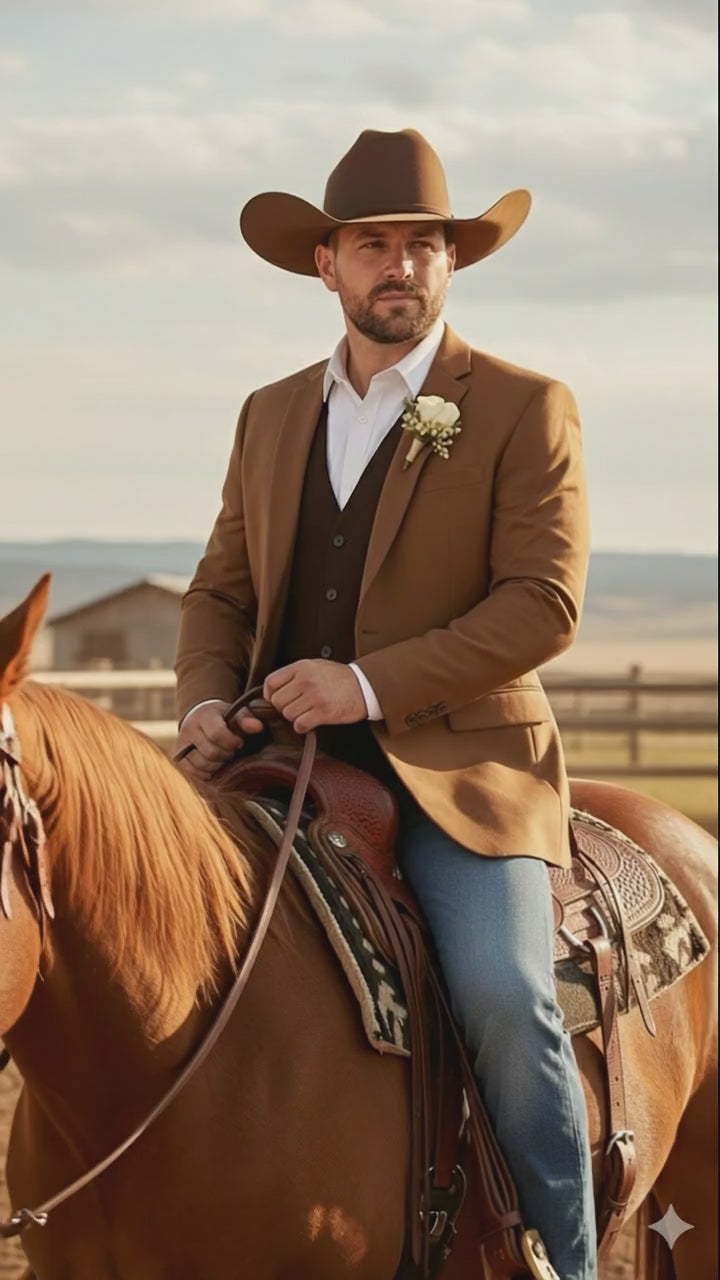 Mens Rust Copper Brown Western Blazer – Cowboy Style Classic Tailored Jacket for Weddings, Rodeos and Country Events
