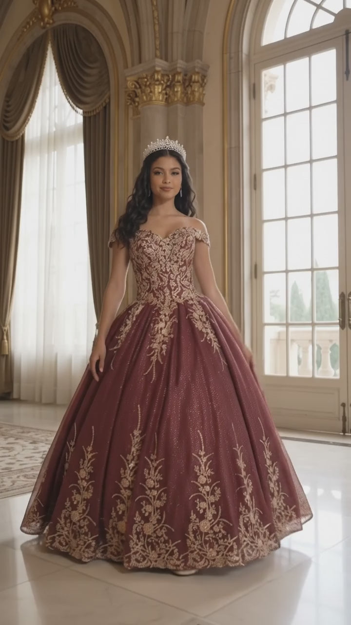 Off Shoulder Sparkling Lace Up Quinceanera Ball Gown in 3 Colors Burgundy - Hunter - Rose Gold