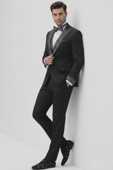 Mens One Button Rhinestone Peak Lapel Vested Prom Black Tuxedo