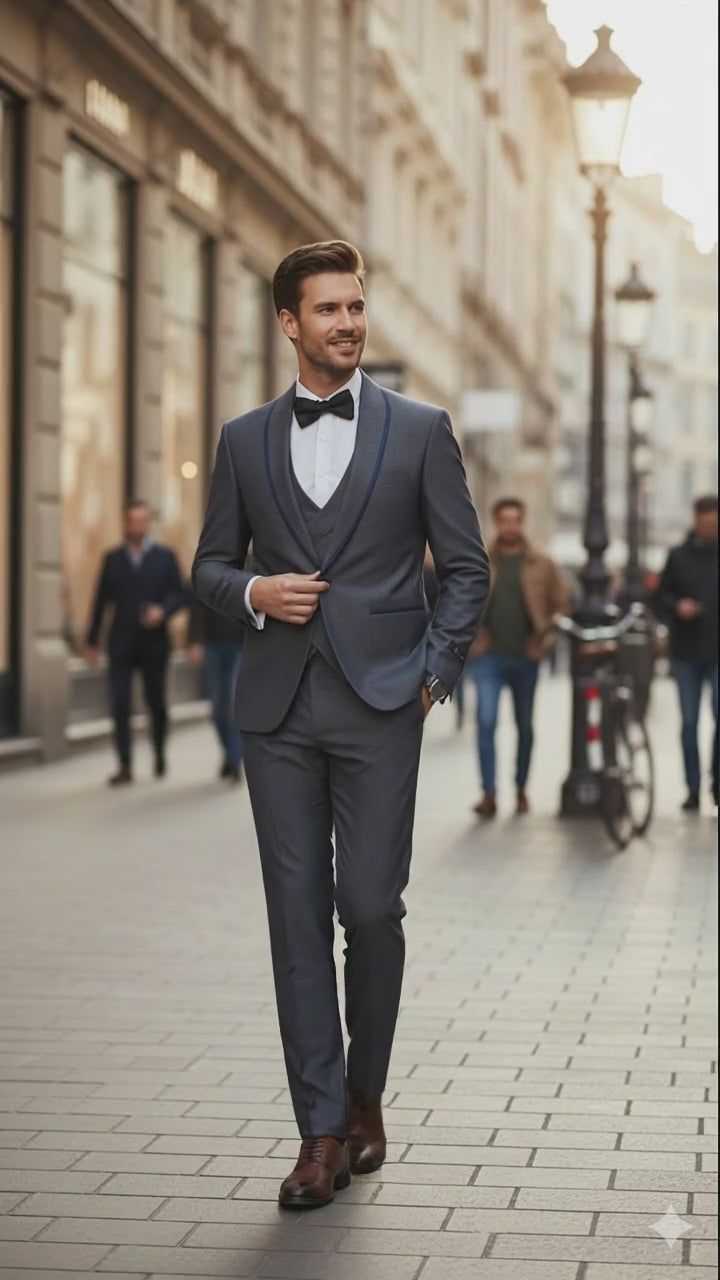 Men’s Charcoal Gray with blue Trim Slim Fit 3-Piece Suit – Modern Wedding and Business Formal Tuxedo Set