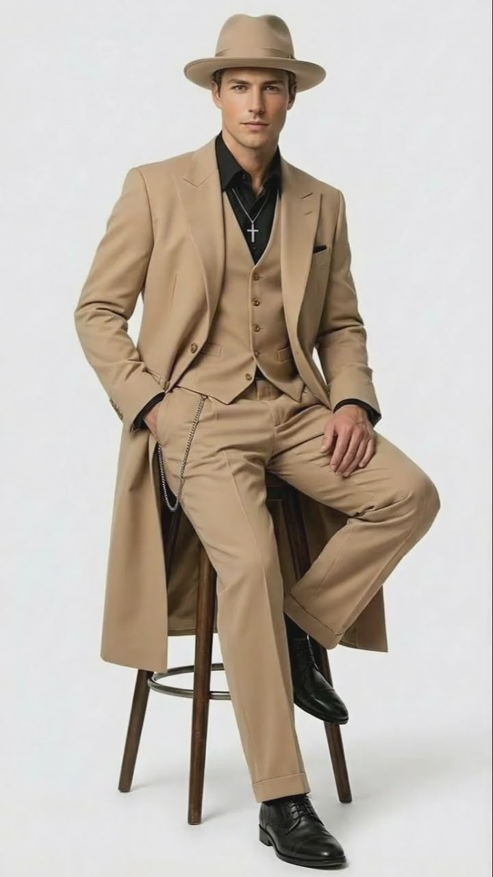 Men’s 1920s Beige Zoot Suit – Long Mafia Gangster Three-Piece Suit in Tan Khaki Color 40 inch Zuit Pachuco Suit