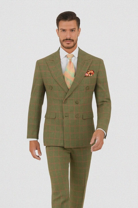 Rossiman Suit – Sage Green & Burnt Orange Windowpane Plaid Double-Breasted Suit