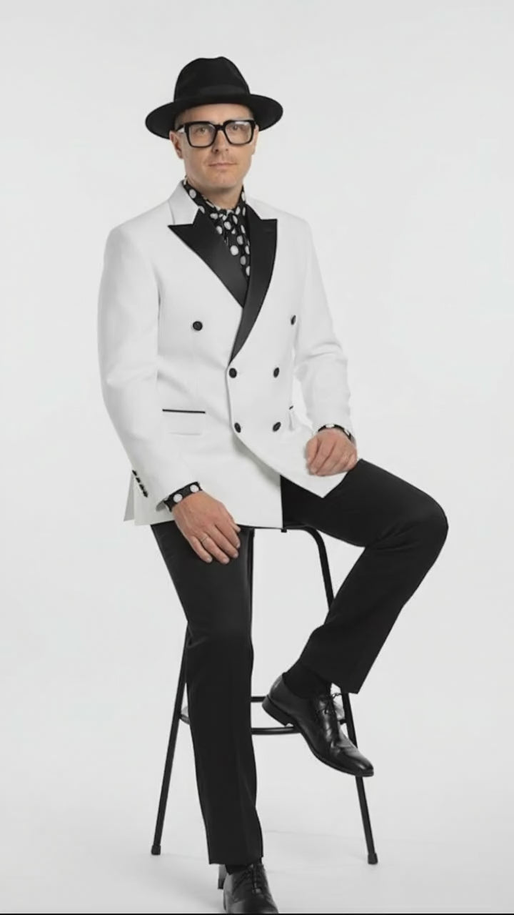 Men’s White and Black Double-Breasted Tuxedo – Modern Slim Fit Formal Suit for Weddings, Parties, and Special Occasions