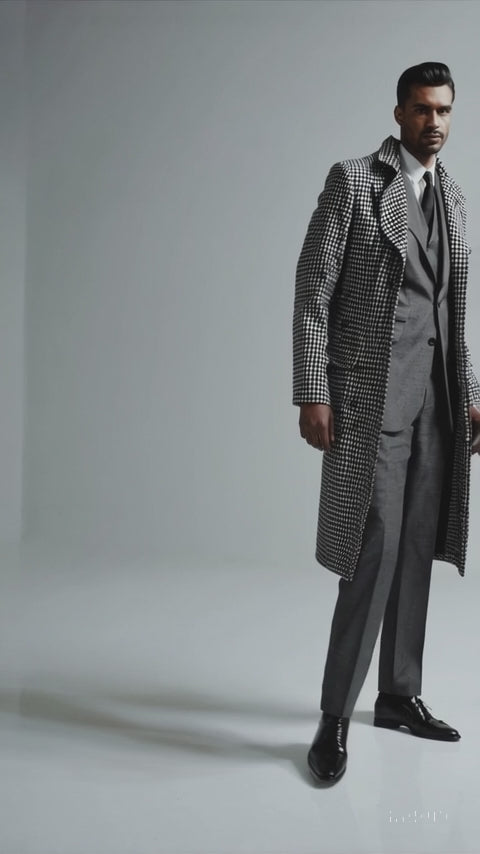 Houndstooth Overcoat - Black And White Checker And Cashmere Fabric Topcoat By Alberto Nardoni